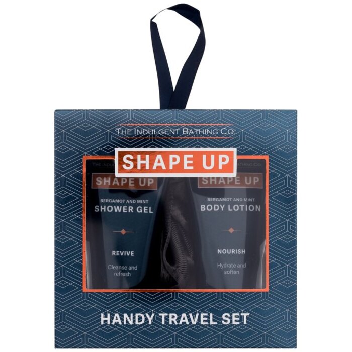 Shape Up Handy Travel Set - Darčeková sada sprchový gél Bergamot & Mint 50 ml a telové mlieko Bergamot & Mint 50 ml a špongia na umývanie
