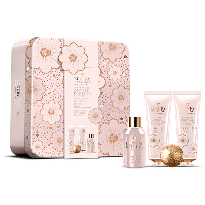 Luxury Bath ( Creme brulée, Pomarančový kvet & Vanilka ) Set - Darčeková sada starostlivosti o telo v plechovej dóze
