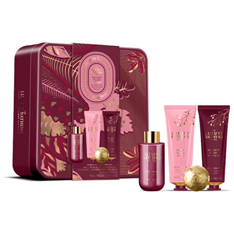 Velvet Plum & Soft Suede Body Care Gift Box - Dárková sada péče o tělo v plechové dóze ( 4 ks )