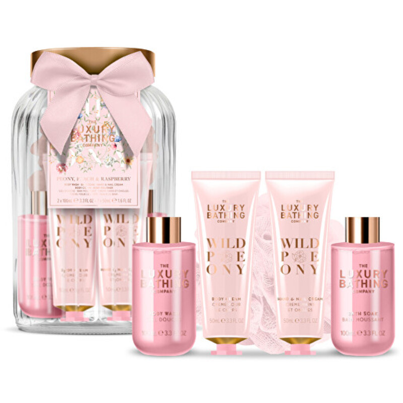 Peony & Peach Gift Set in Glass ( Pivoňka, Broskev & Malina ) - Dárková sada péče ve skleněné dóze ( 5 ks )