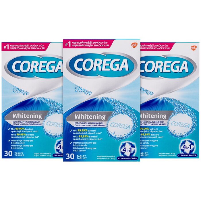 Corega Tabs Whitening Trio - Čisticí a bělicí tablety pro zubní náhradu 3 x 30 tablet 3 ks