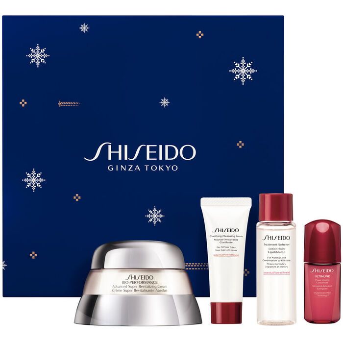 Shiseido Bio-Performance revitalizační a obnovující krém proti stárnutí pleti 50 ml + čisticí pěna na obličej 15 ml + pleťová voda 30 ml + energizující a ochranný koncentrát 10 ml