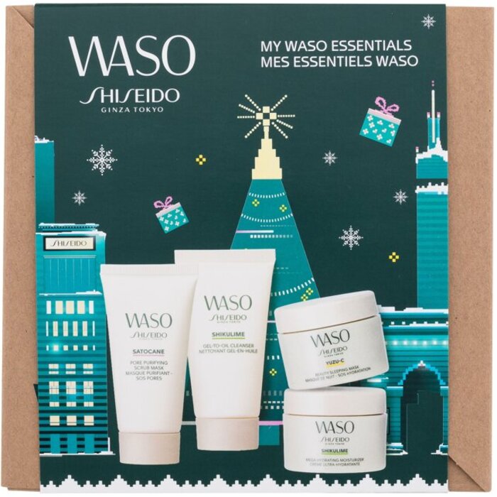 Shiseido Waso My Waso Essentials sada čisticí gel Shikulime Gel-To-Oil Cleanser 30 ml + hydratační krém Shikulime Mega Hydrating Moisturizer 15 ml + peelingová maska Satocane Pore Purifyting Scrub Mas