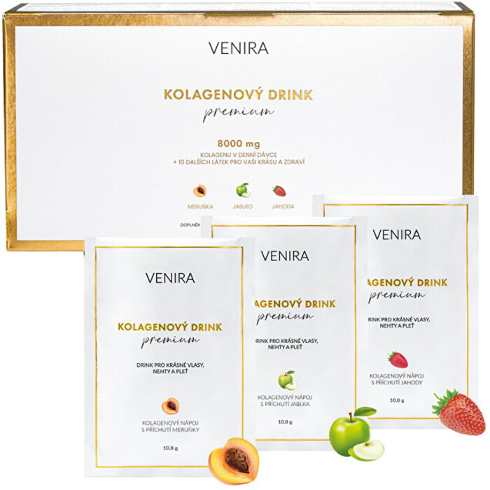 Venira Kolagenový drink pro vlasy, nehty a pleť s příchutí (meruňka, jablko, jahoda) 30 sáčků
