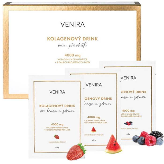 Venira Kolagenový nápoj pro vlasy, nehty a pleť příchutí (jahoda, meloun, lesní plody) 30 sáčků