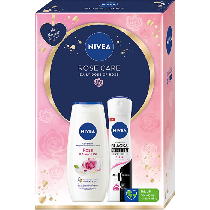 Nivea Rose Care sada sprchový gel Rose & Almond Oil 250 ml + antiperspirant Black & White Invisible Clear 150 ml