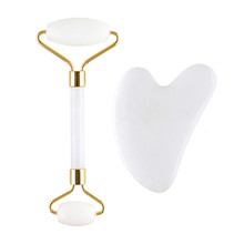 Masážny valček a doštička Guasha biely jadeit (White Jade Roller & Guasha Set)