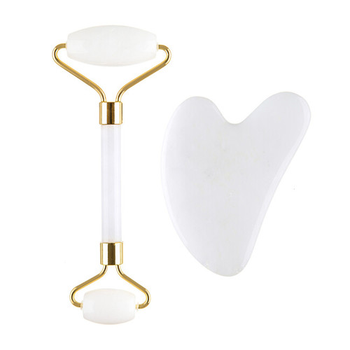 Masážny valček a doštička Guasha biely jadeit (White Jade Roller & Guasha Set)