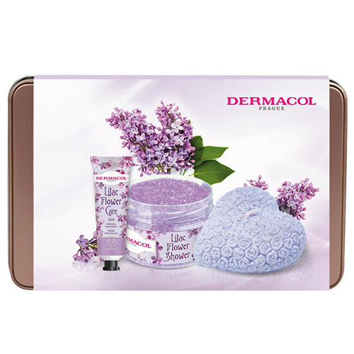 Dermacol Lilac Flower tělový peeling Lilac Flower Shower 200 g + krém na ruce Lilac Flower Care 30 ml + dekorativní vonná svíčka 130 g + plechová krabička dárková sada
