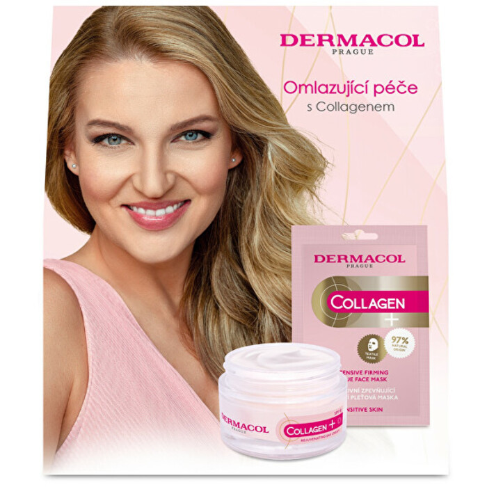 Dermacol Collagen Plus Intensive Rejuvenating intenzivní omlazující denní krém 50 ml + zpevňující a hydratační textilní maska 1 kus, kosmetická sada pro ženy
