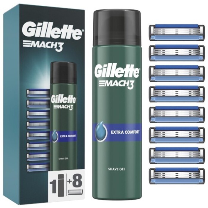 Gillette Gillette Mach3 Extra Comfort Shave Gel Set ( 8 ks ) - Náhradní hlavice + Gel na holení 200 ml