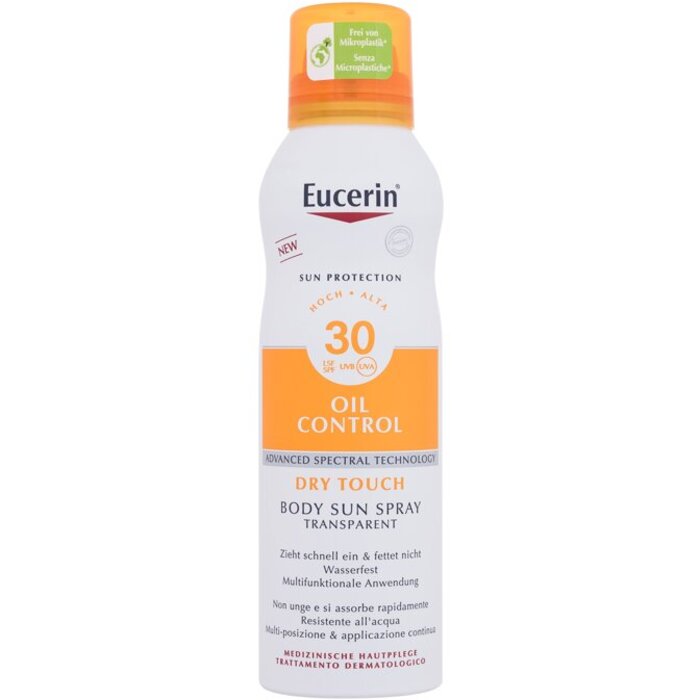 Eucerin Sun Oil Control Body Sun Spray Dry Touch SPF30 - Voděodolný transparentní sprej na opalování pro aknózní pokožku 200 ml