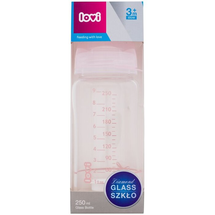 LOVI Baby Shower Glass Bottle Pink - Skleněná láhev s dynamickou savičkou 250 ml - 3m+