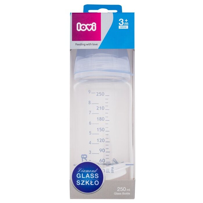 LOVI Baby Shower Glass Bottle Blue - Skleněná láhev s dynamickou savičkou 250 ml - 3m+