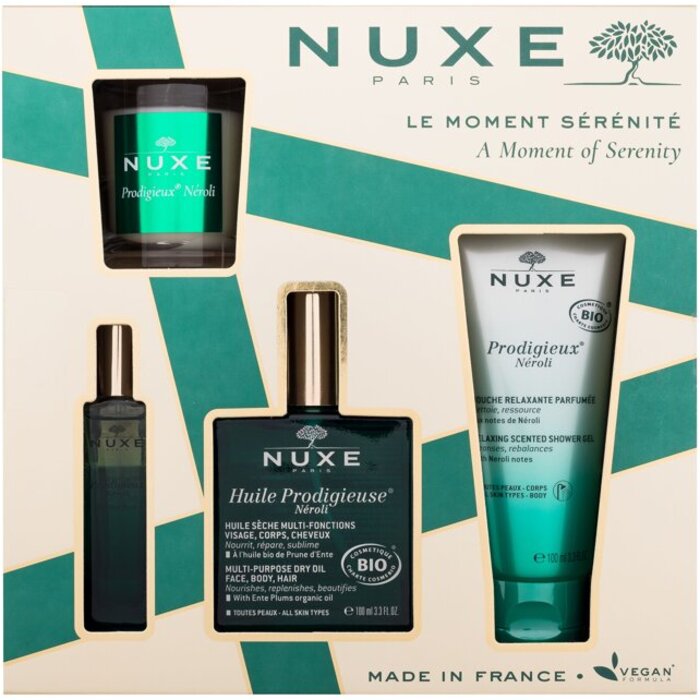 Nuxe Set 2023 Prodigieux Néroli multifunkční suchý olej na obličej, tělo a vlasy 100 ml + vonná svíčka 70 g + relaxační sprchový gel 100 ml + EDP 15 ml