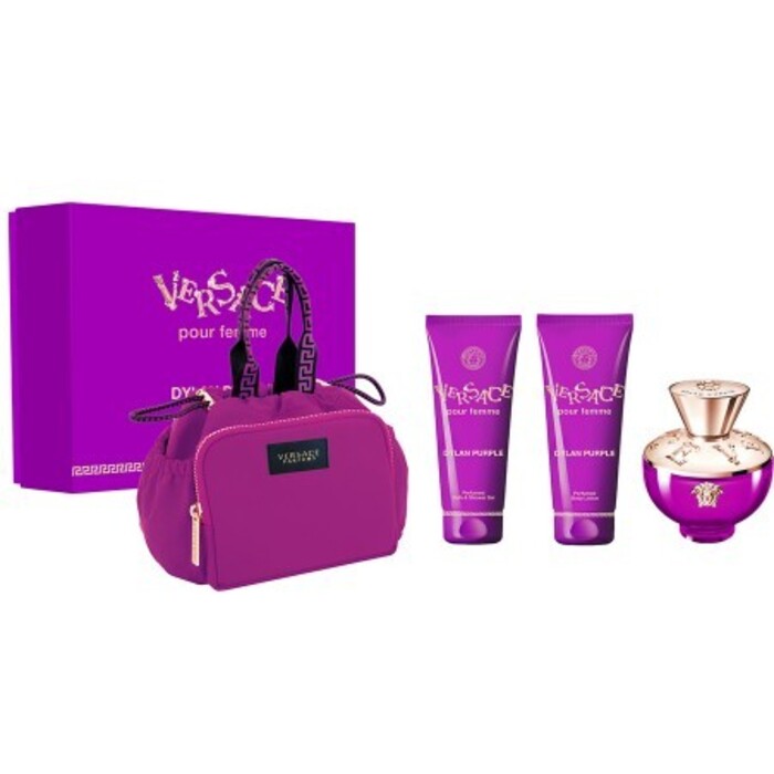 Versace Dylan Purple Dárková sada dámská parfémovaná voda 100 ml, tělové mléko 100 ml, sprchový gel 100 ml a kosmetická taštička