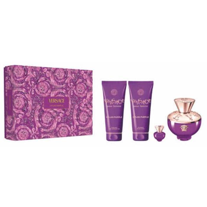 Versace Dylan Purple pour Femme Dárková sada dámská parfémovaná voda 100 ml, sprchový gel 100 ml, tělové mléko 100 ml a miniaturka dámská parfémovaná voda 5 ml