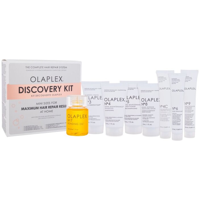 Olaplex Discovery Kit No. 3 hair Perfector 30 ml + No. 8 maska 30 ml + No.4 šampon 30 ml + No. 5 kondicionér 30 ml + No. 4C šampon 20 ml + NO. 6 20 ml + No. 7 olej 30 ml + NO. 9 sérum 20 ml Dárková